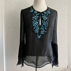 Vintage Issue Black sheer blouse size 12 black seed beaded turquoise accents